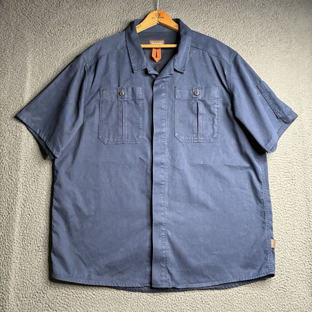 Patagonia Shirt Mens XL Blue Solid Short Sleeve Workwear Shop Hemp Blend